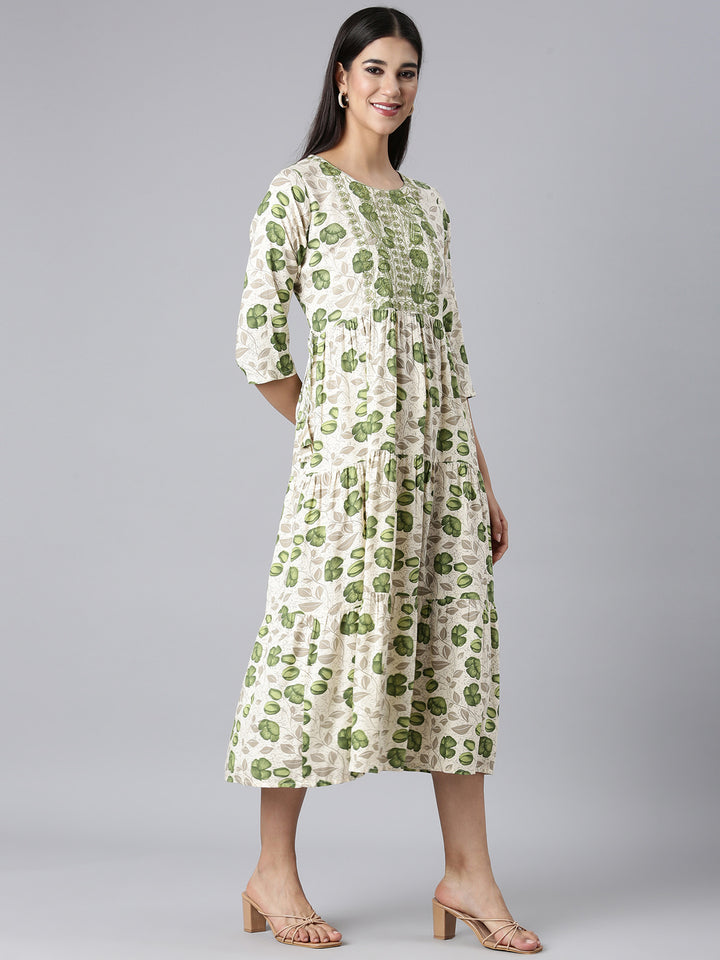 Neerus Cream Casual Floral Maxi Dresses