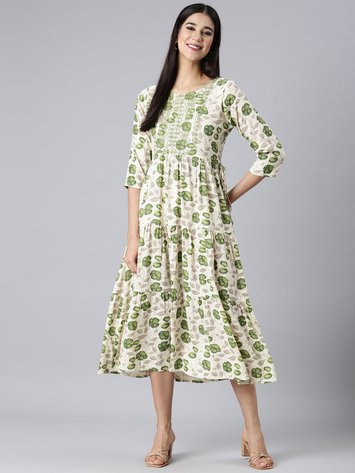 Neerus Cream Casual Floral Maxi Dresses