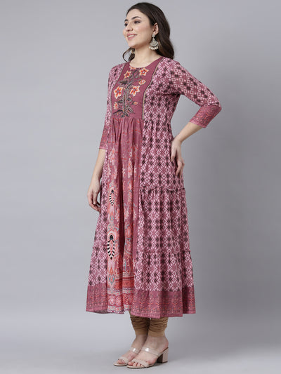 Neerus Pink Flared Casual Floral Fit and Flare Dresses