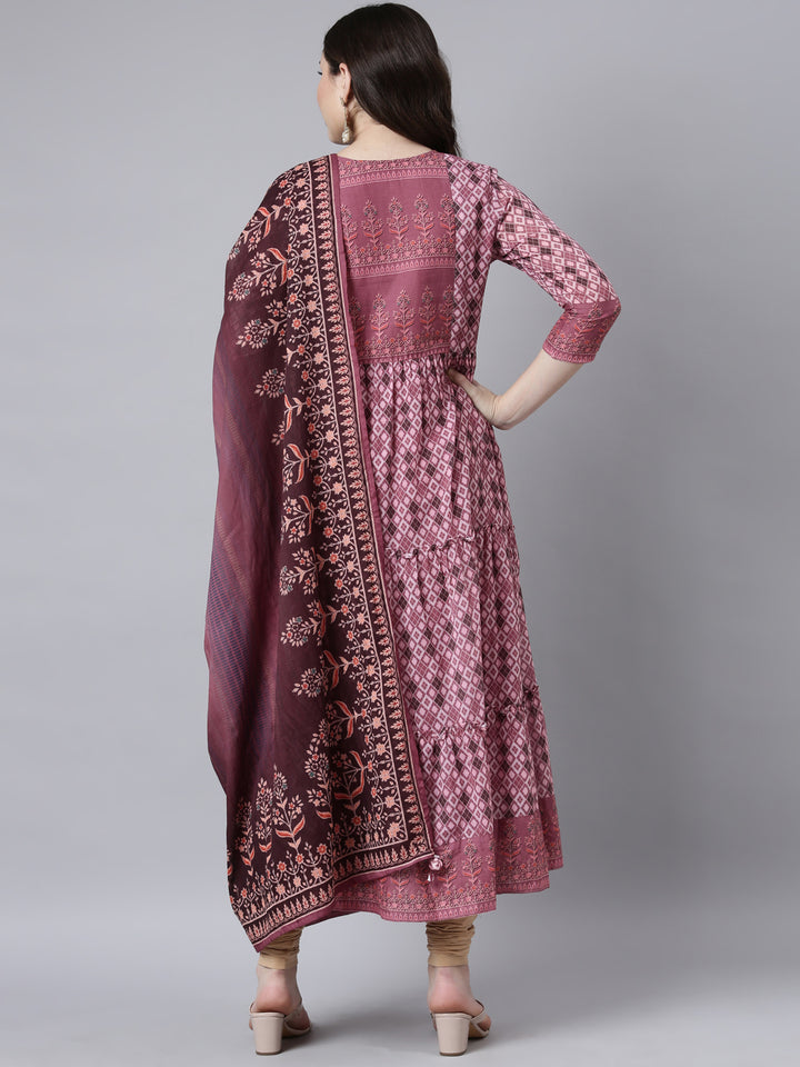 Neerus Pink Flared Casual Floral Fit and Flare Dresses