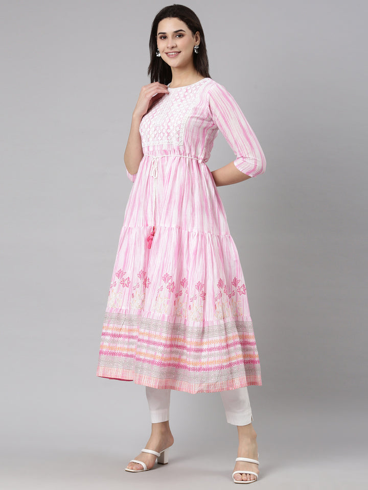 Neerus Pink georgette printed flared dress - back view