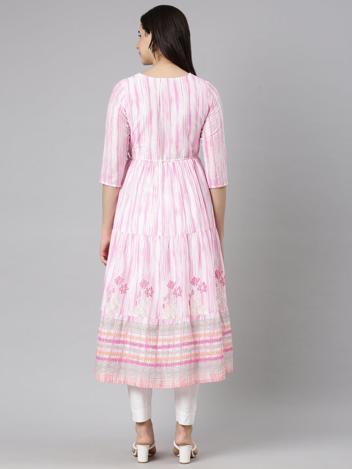 Neerus Pink georgette printed flared dress - side view