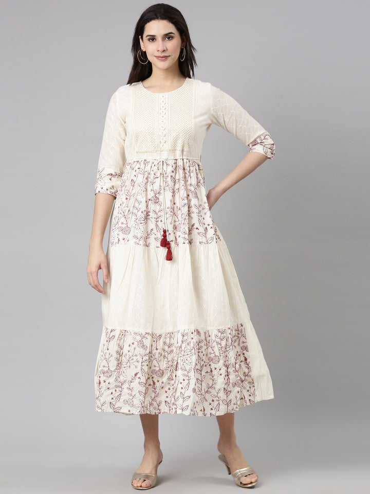 Neerus Cream Flounce Casual Floral Fit and Flare Dresses