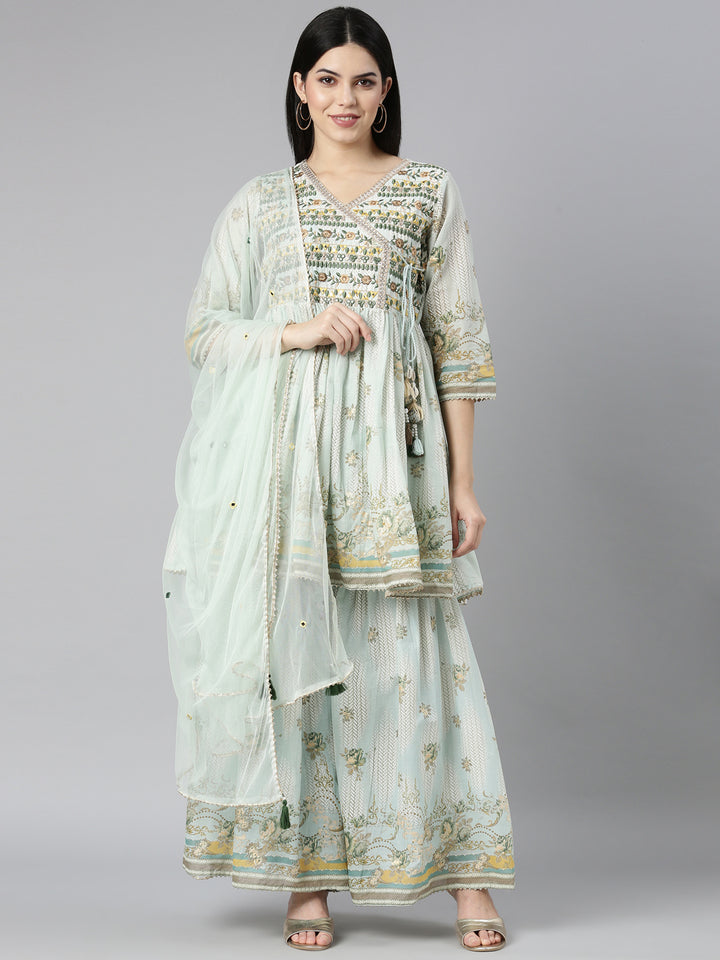 Neerus Blue printed floral kurta set with sharara and dupatta - front view