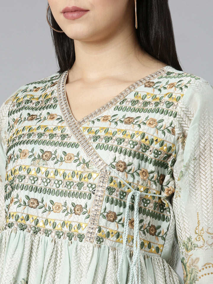 Neerus Blue printed floral kurta set with sharara and dupatta - detail view 1