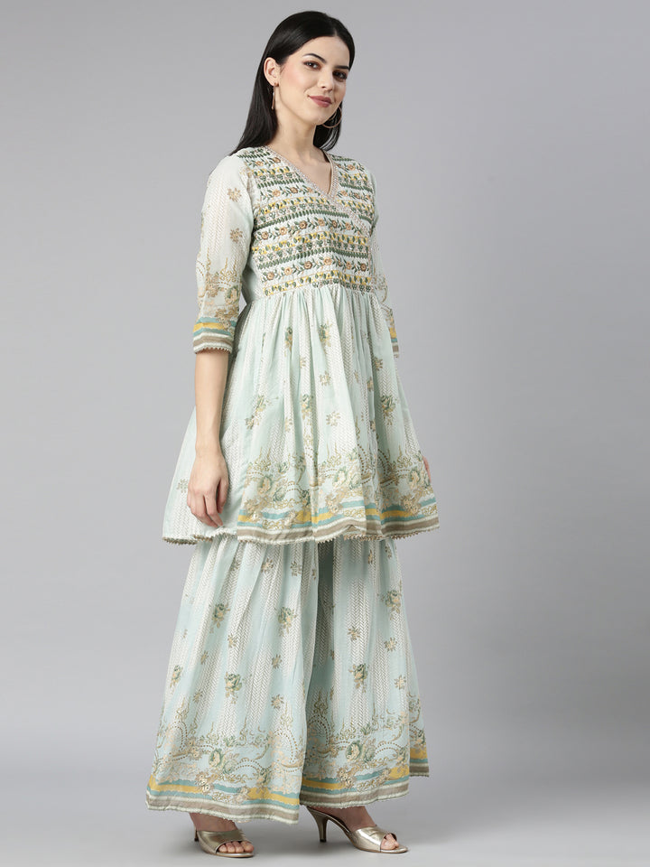 Neerus Blue printed floral kurta set with sharara and dupatta - back view