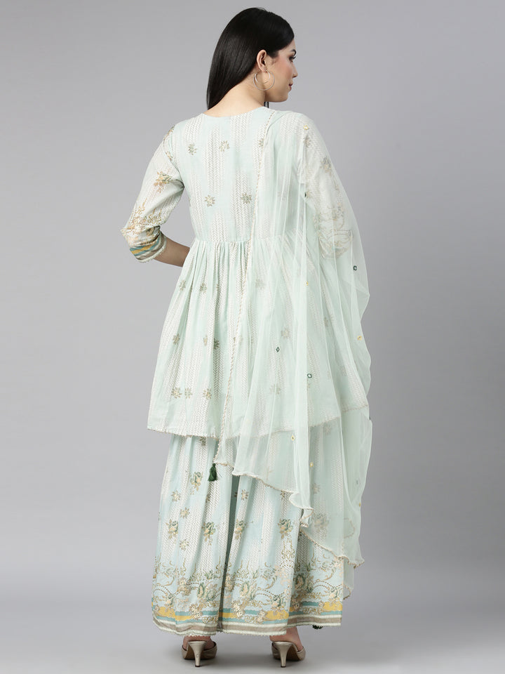 Neerus Blue printed floral kurta set with sharara and dupatta - side view