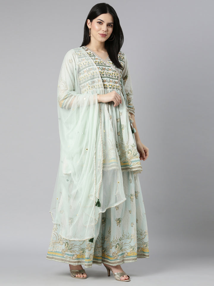 Neerus Blue printed floral kurta set with sharara and dupatta - detail view 2