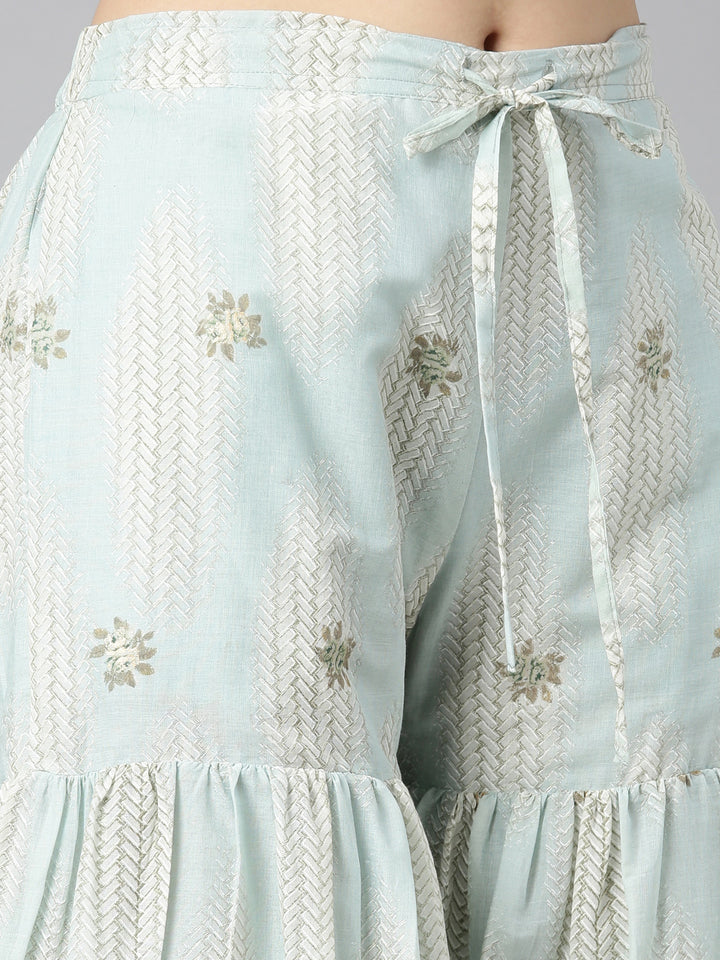 Neerus Blue printed floral kurta set with sharara and dupatta - detail view 3