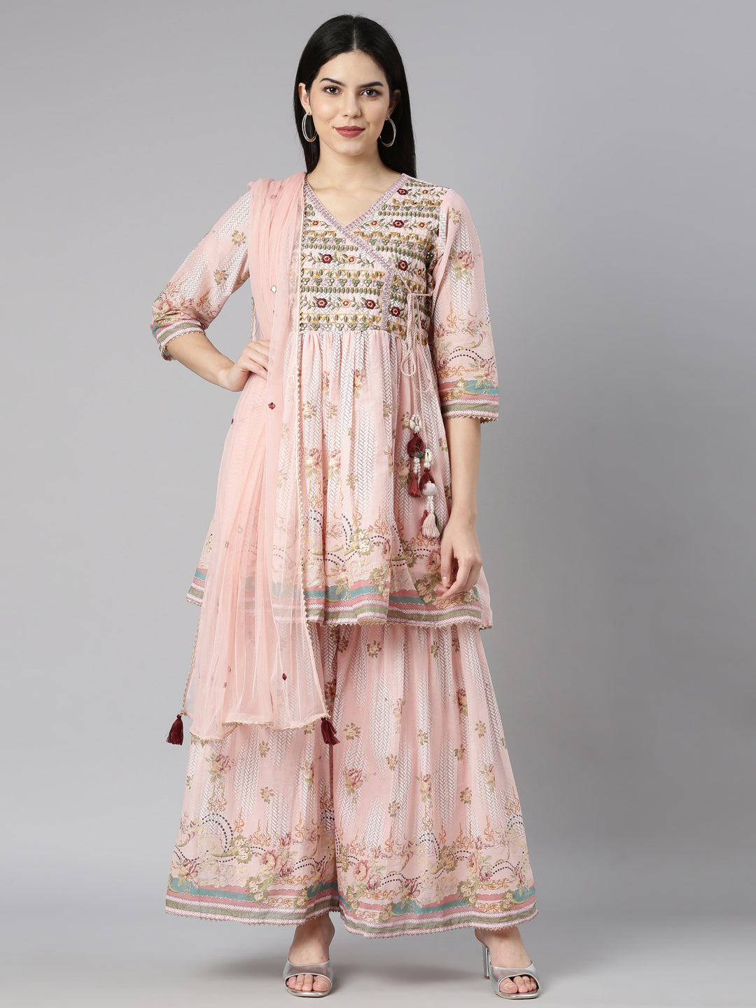 Neerus Orange cotton printed kurta set with sharara and dupatta - front view