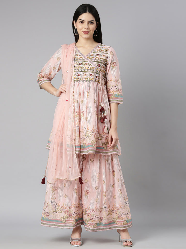 Neerus Orange cotton printed kurta set with sharara and dupatta - front view