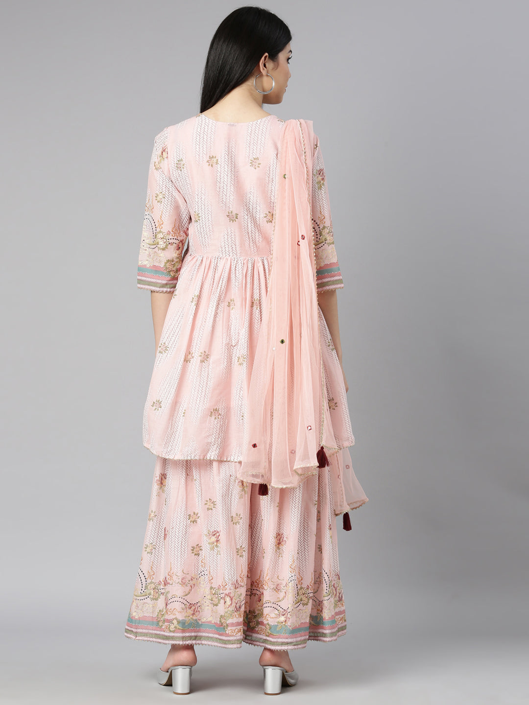 Neerus Orange cotton printed kurta set with sharara and dupatta - side view