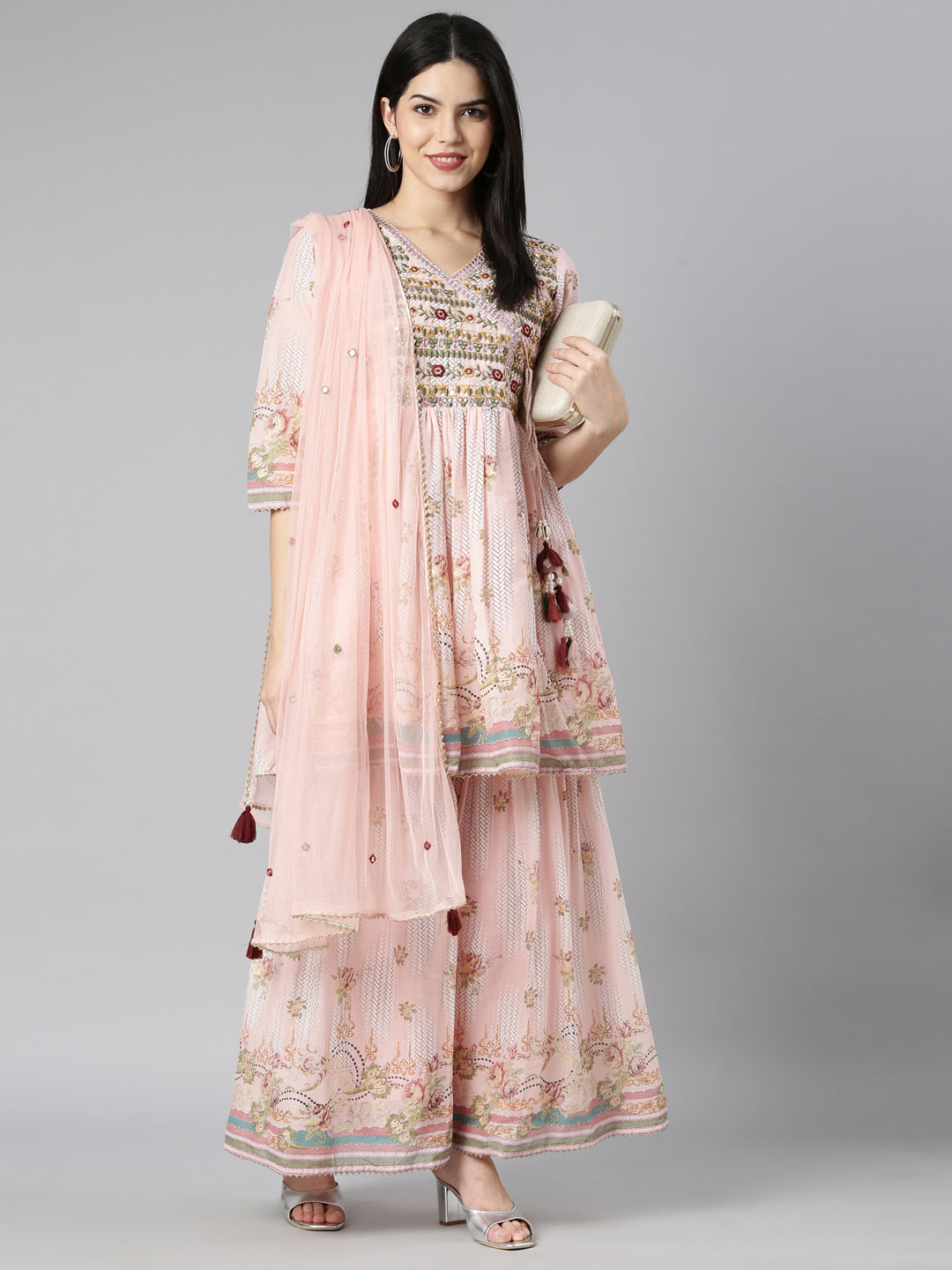 Neerus Orange cotton printed kurta set with sharara and dupatta - detail view 2