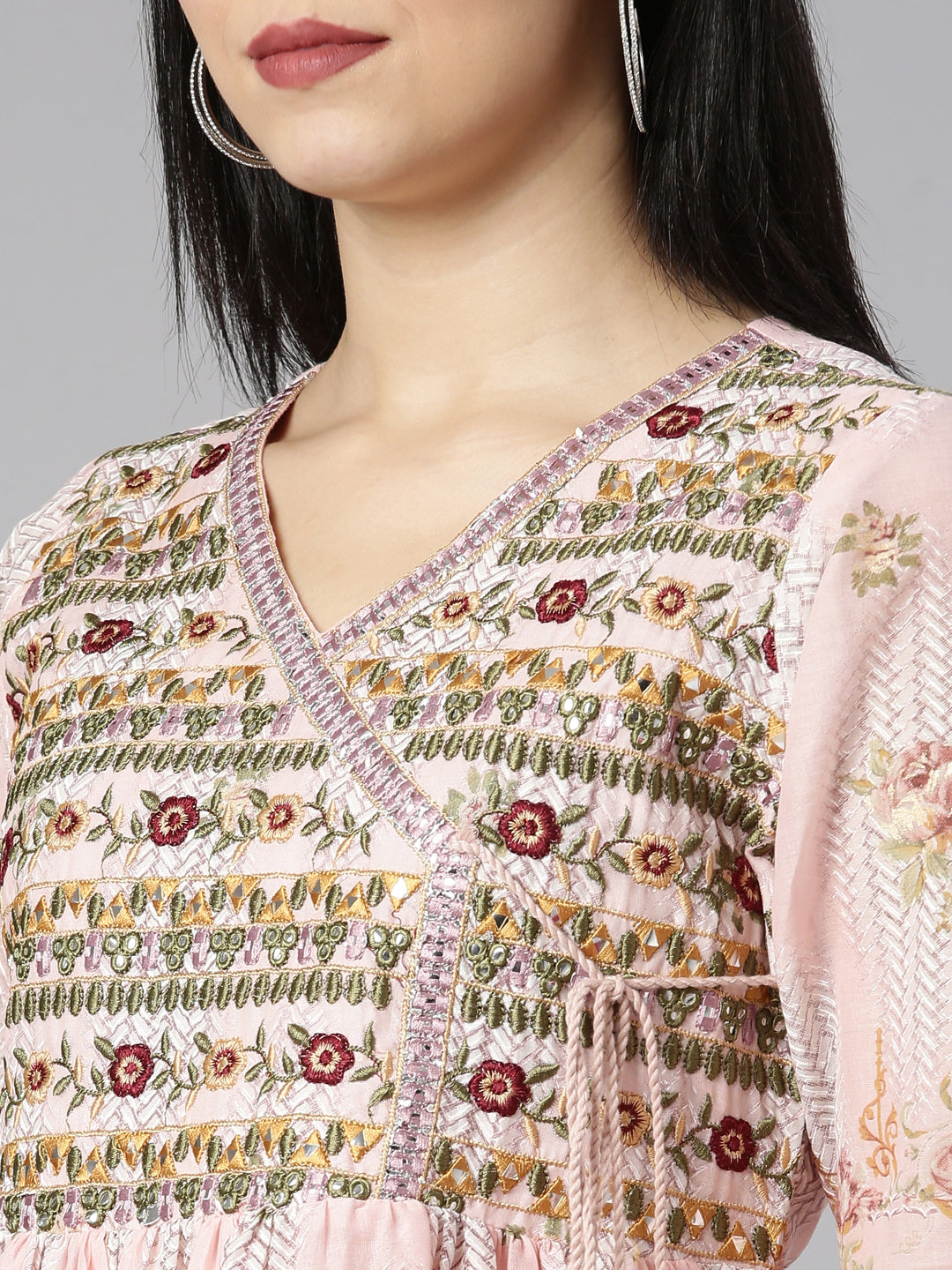 Neerus Orange cotton printed kurta set with sharara and dupatta - detail view 1