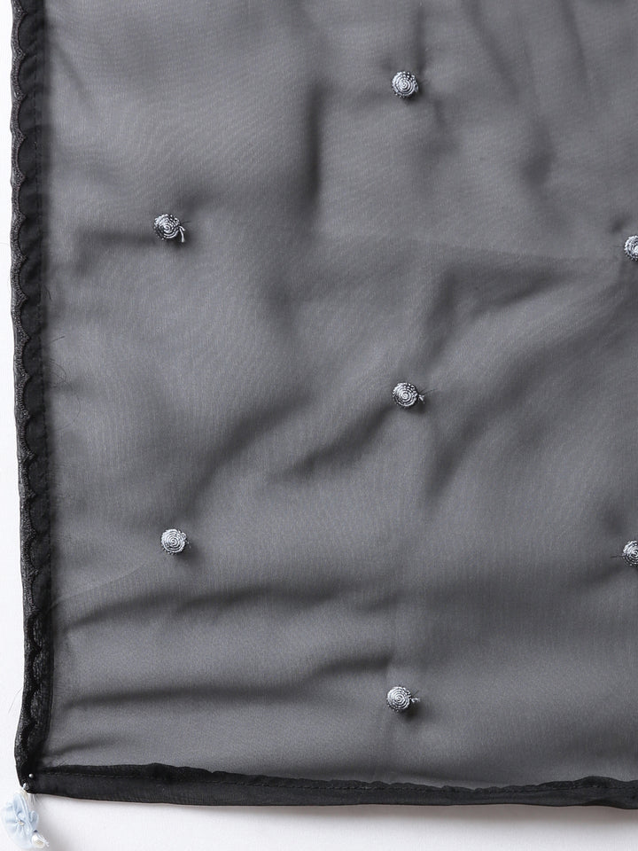 Neerus Black silk printed kurta sharara set - detail view 4