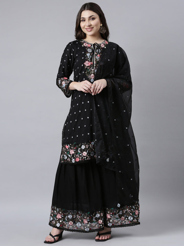 Neerus Black silk printed kurta sharara set - front view