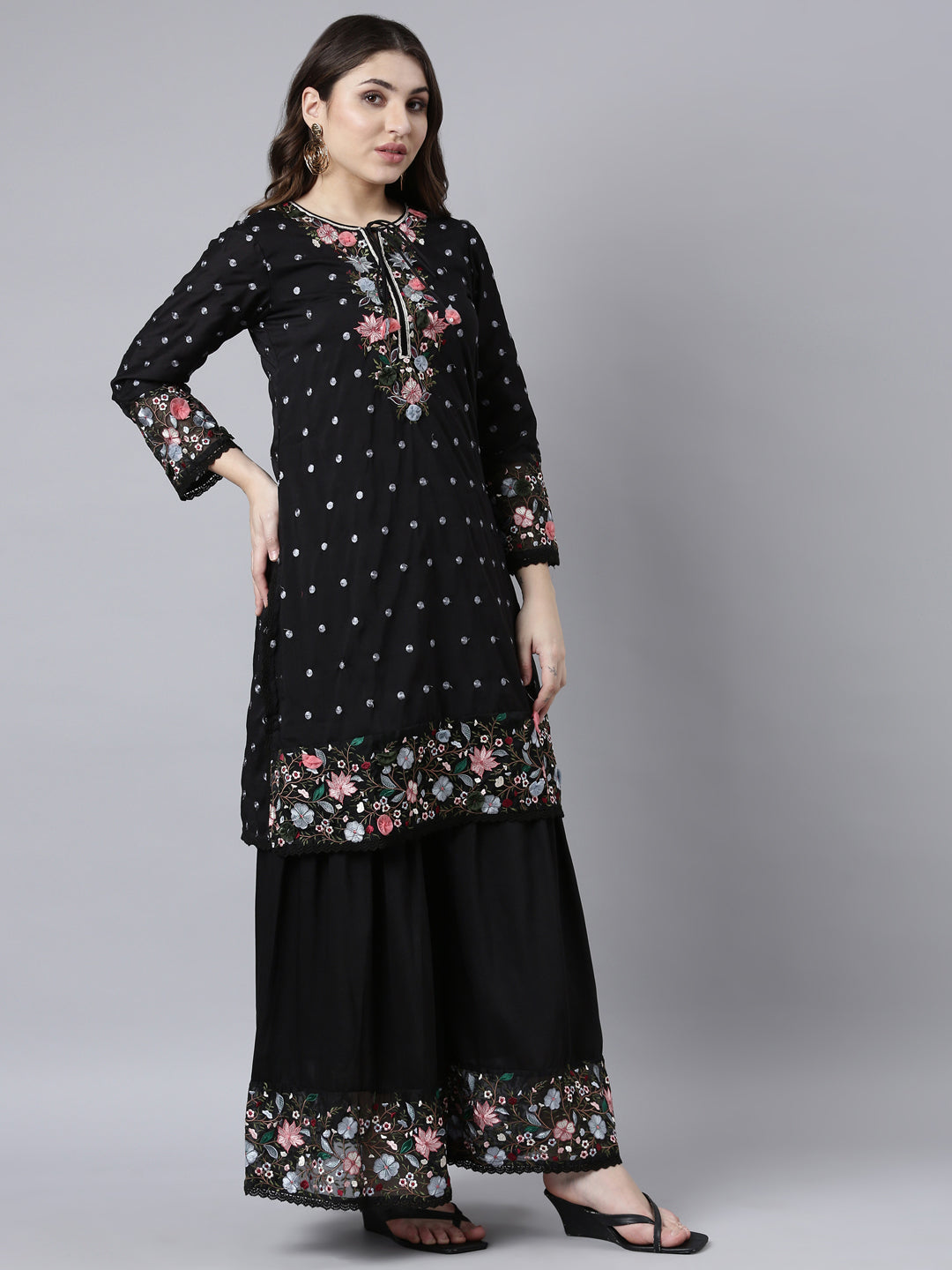 Neerus Black silk printed kurta sharara set - back view