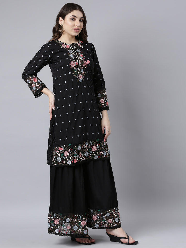 Neerus Black silk printed kurta sharara set - back view