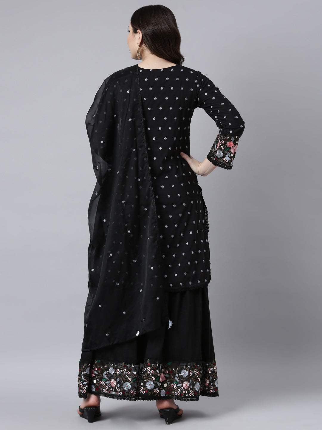 Neerus Black silk printed kurta sharara set - side view