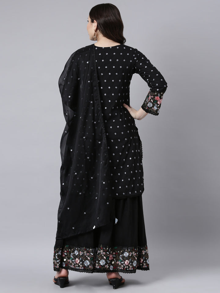 Neerus Black silk printed kurta sharara set - side view