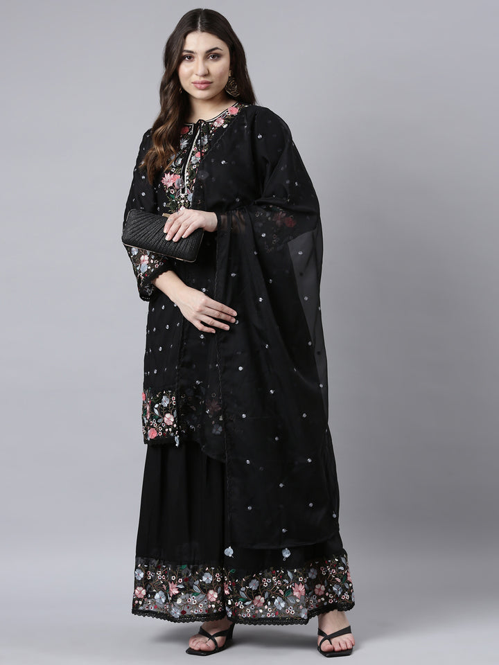 Neerus Black silk printed kurta sharara set - detail view 2