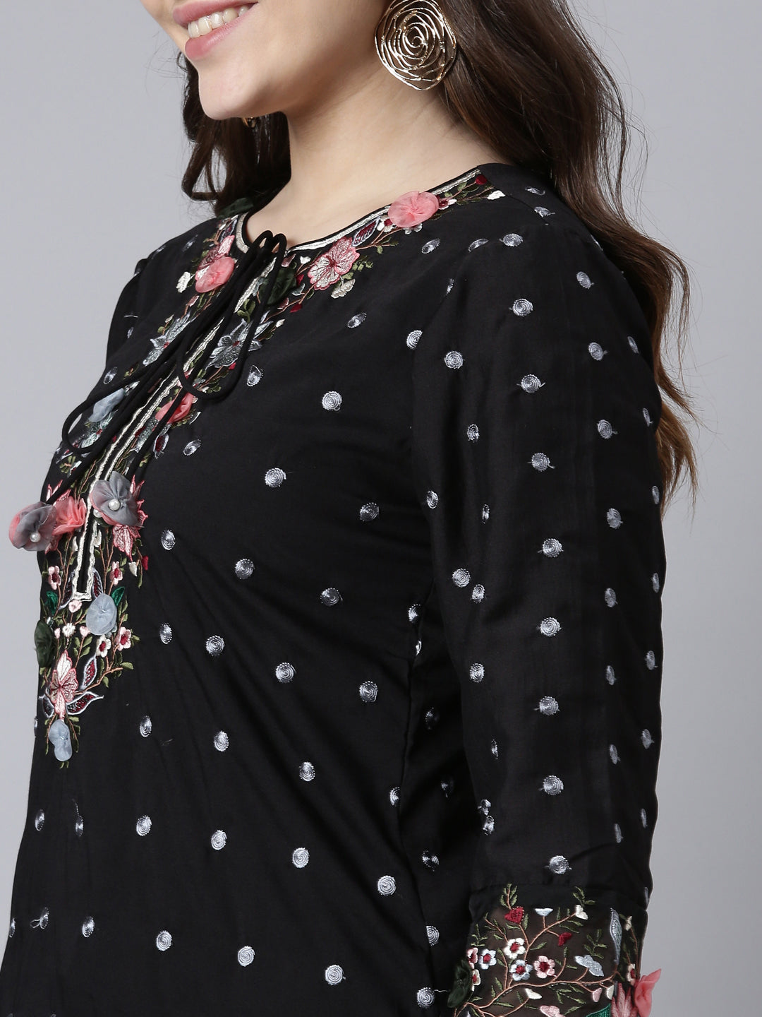 Neerus Black silk printed kurta sharara set - detail view 1