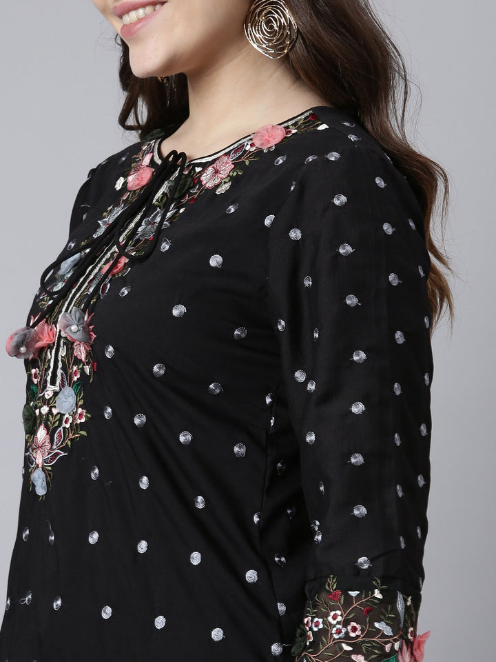 Neerus Black silk printed kurta sharara set - detail view 1