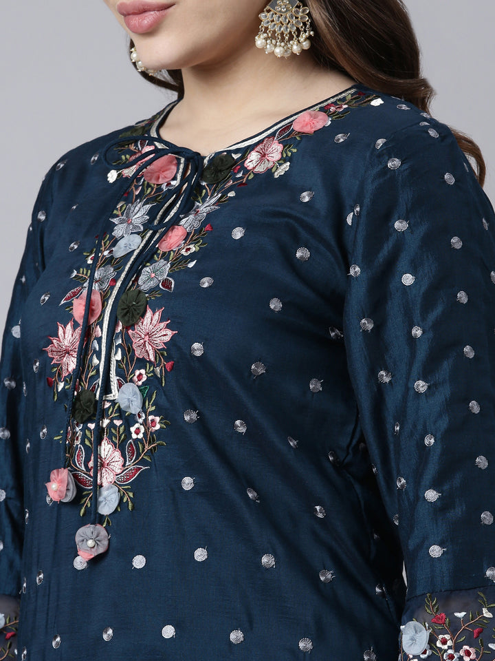 Neerus Blue silk printed kurta sharara set - detail view 1