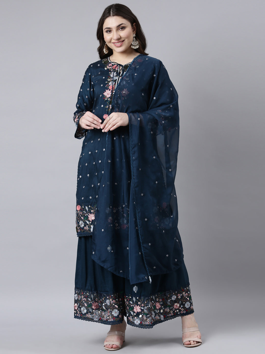 Neerus Blue silk printed kurta sharara set - front view