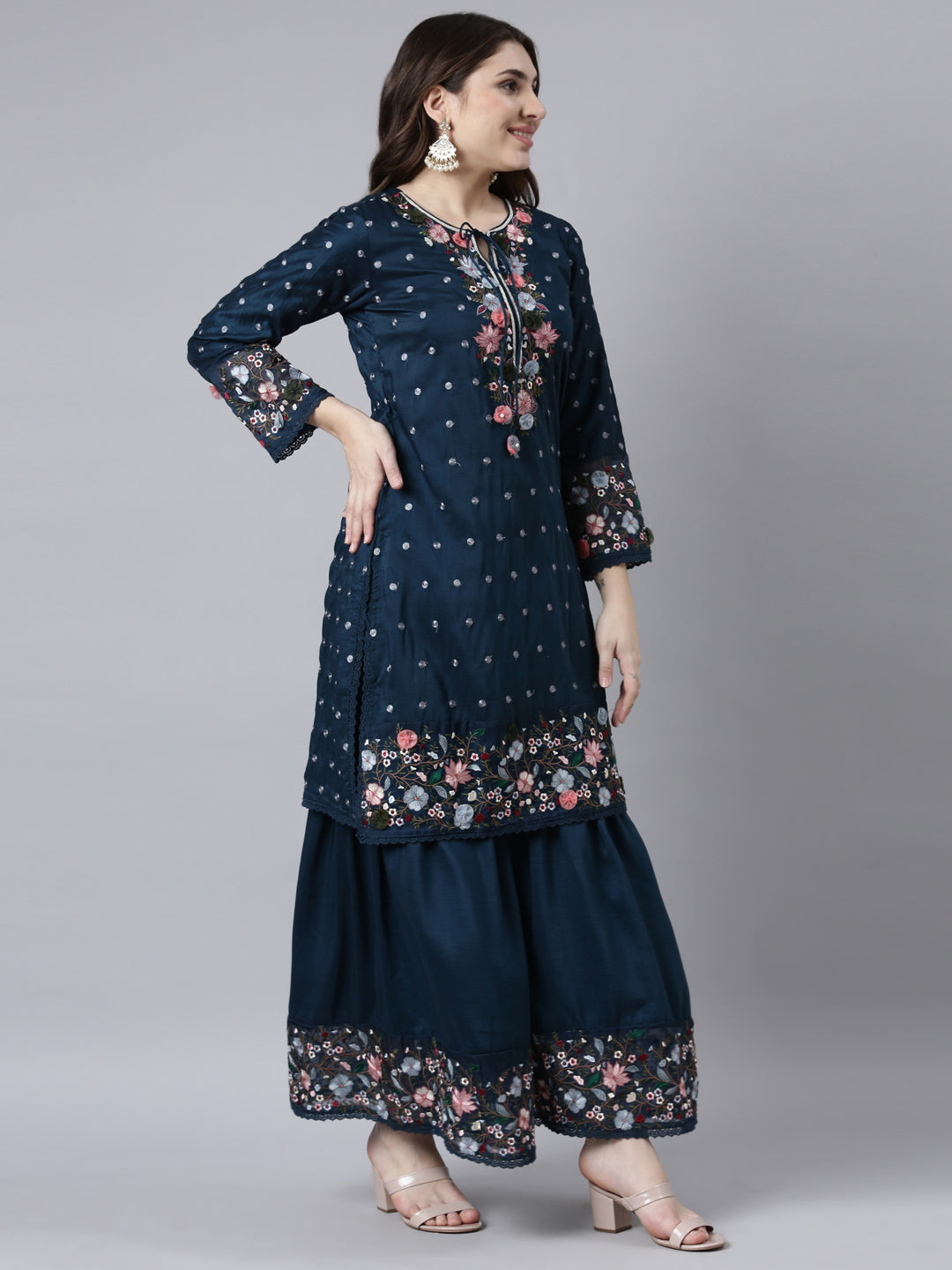 Neerus Blue silk printed kurta sharara set - back view