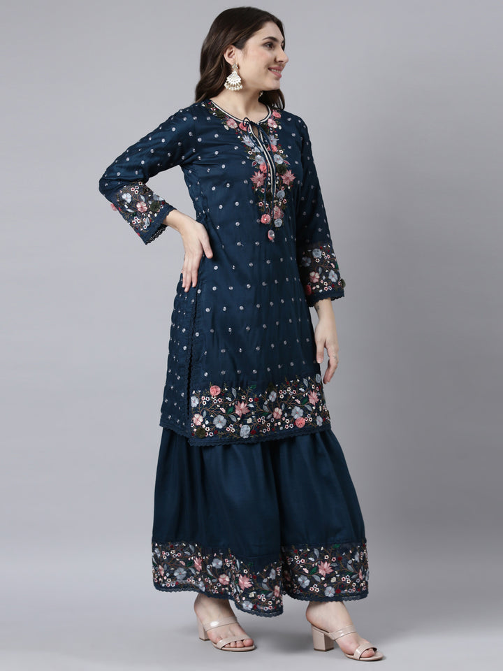 Neerus Blue silk printed kurta sharara set - back view