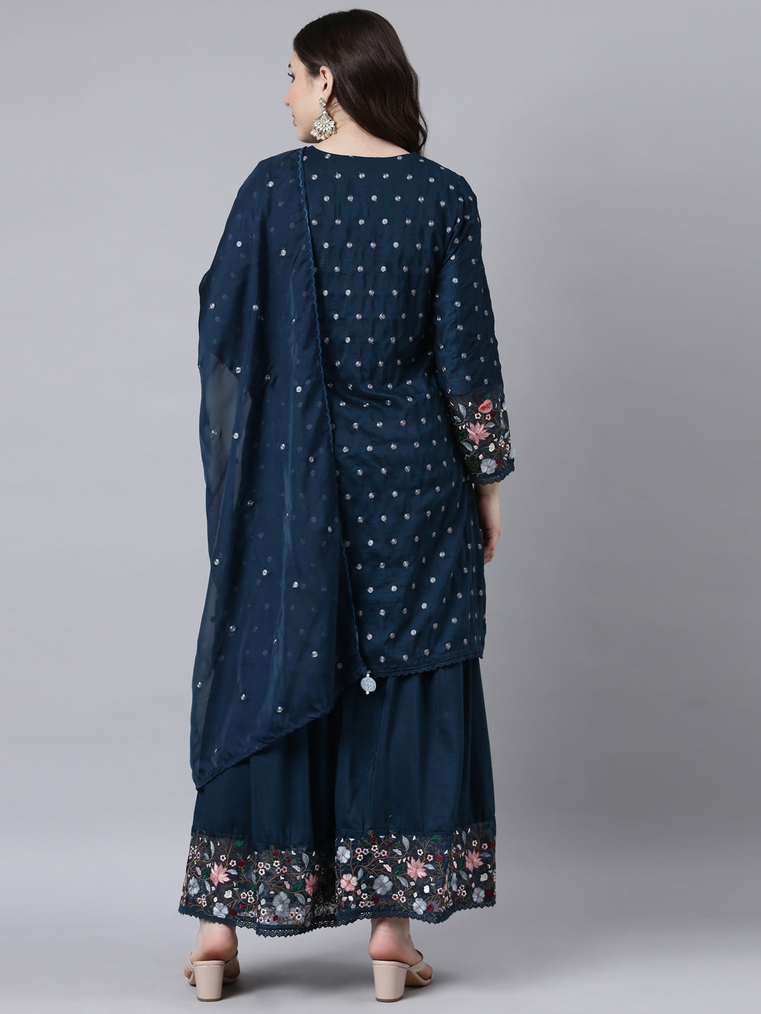 Neerus Blue silk printed kurta sharara set - side view