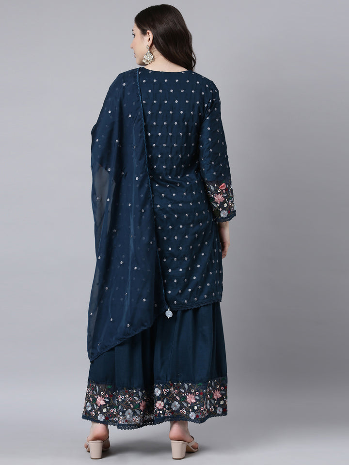 Neerus Blue silk printed kurta sharara set - side view