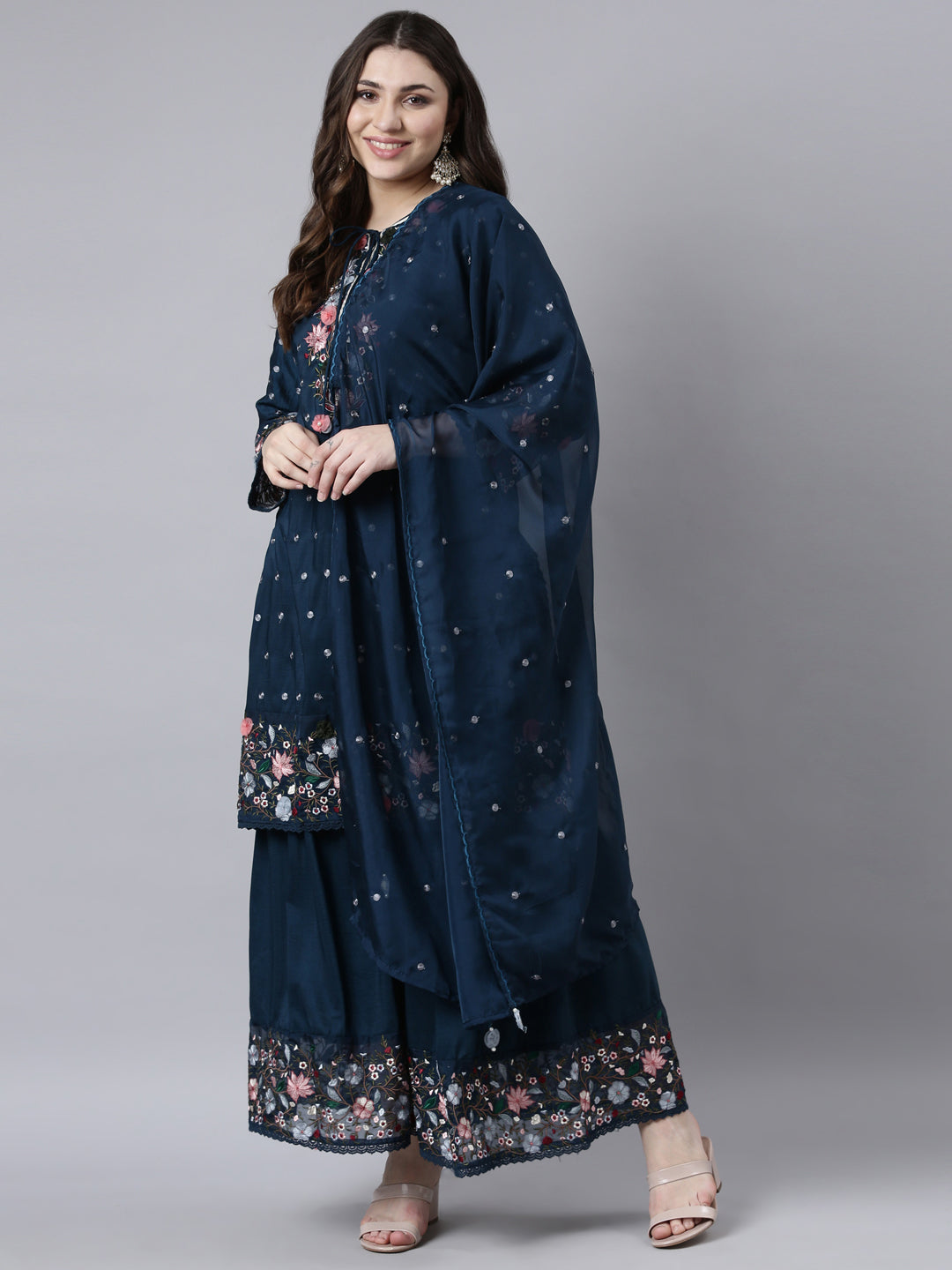 Neerus Blue silk printed kurta sharara set - detail view 2