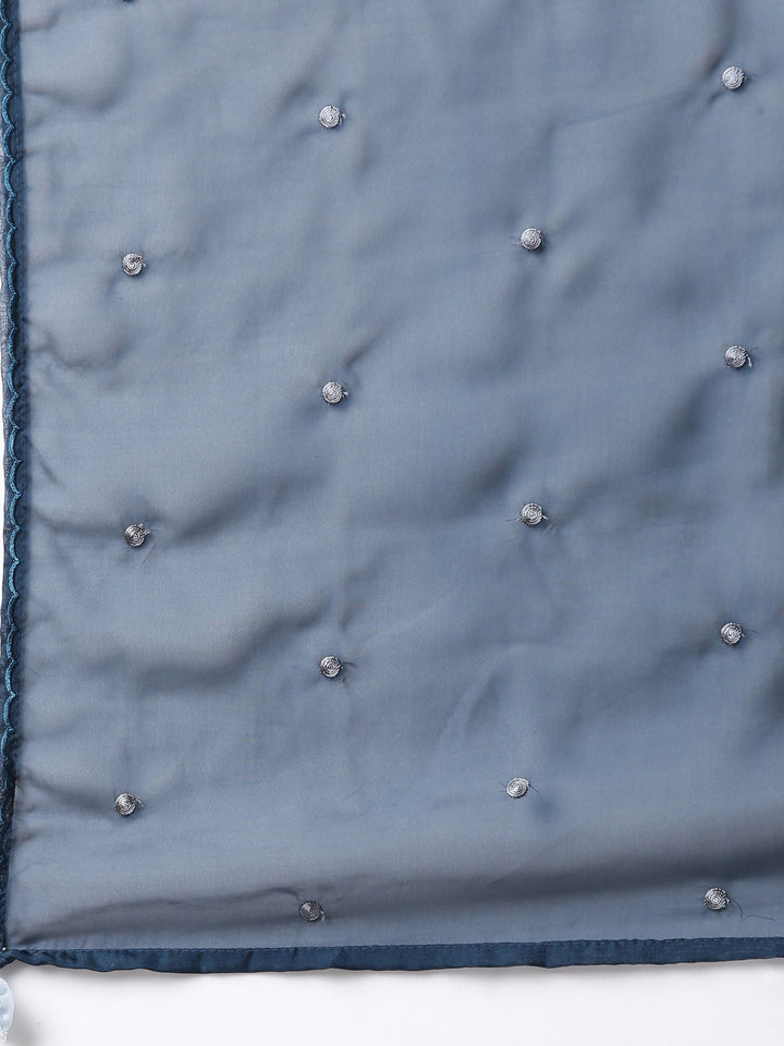 Neerus Blue silk printed kurta sharara set - detail view 4