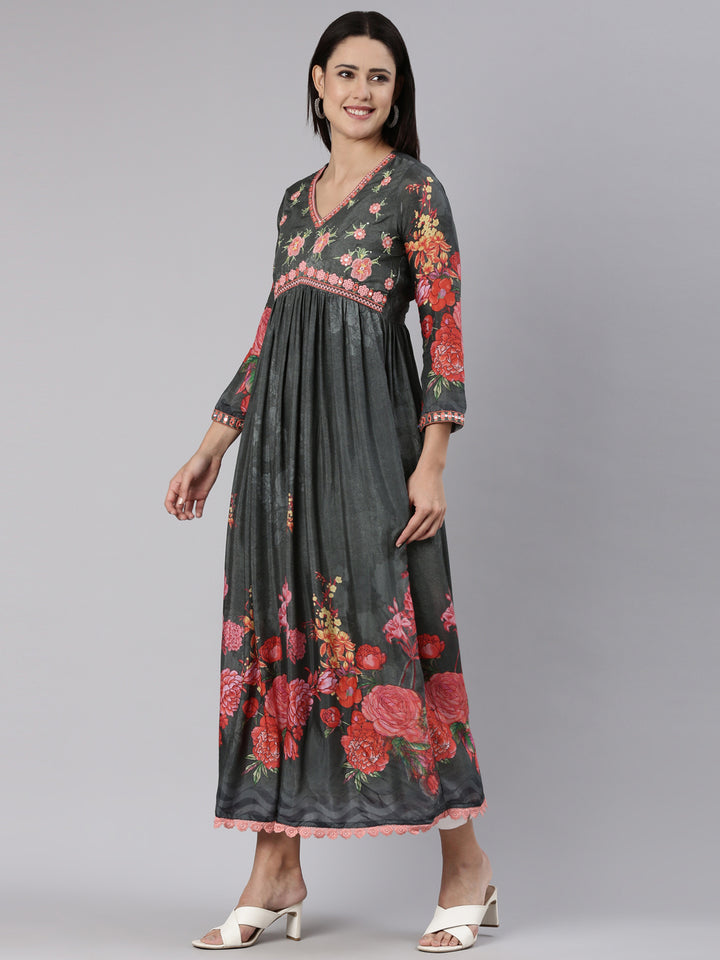 Neerus Grey Straight Casual Floral Dress
