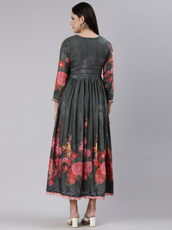 Neerus Grey Straight Casual Floral Dress
