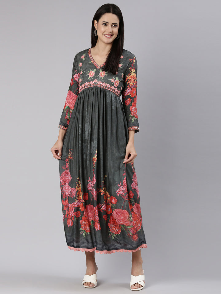 Neerus Grey Straight Casual Floral Dress