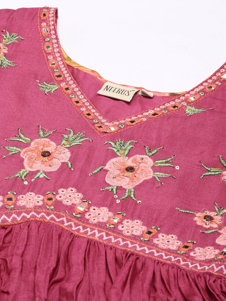 Neerus Magenta Flared Casual Floral Dresses