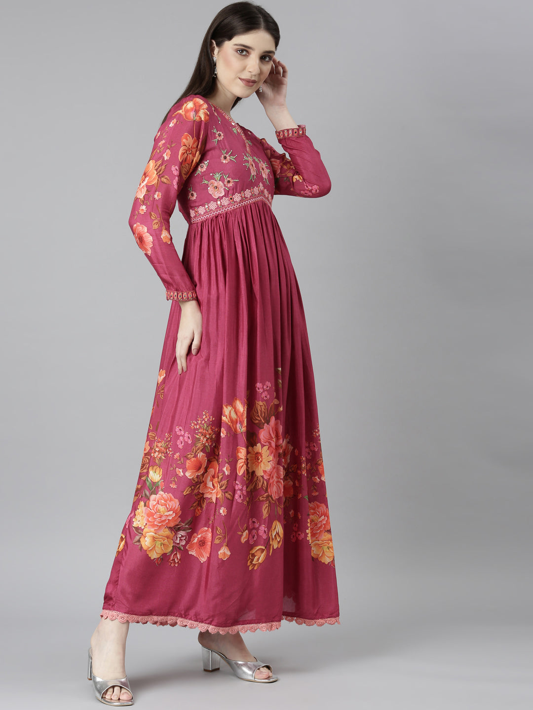 Neerus Magenta Flared Casual Floral Dresses