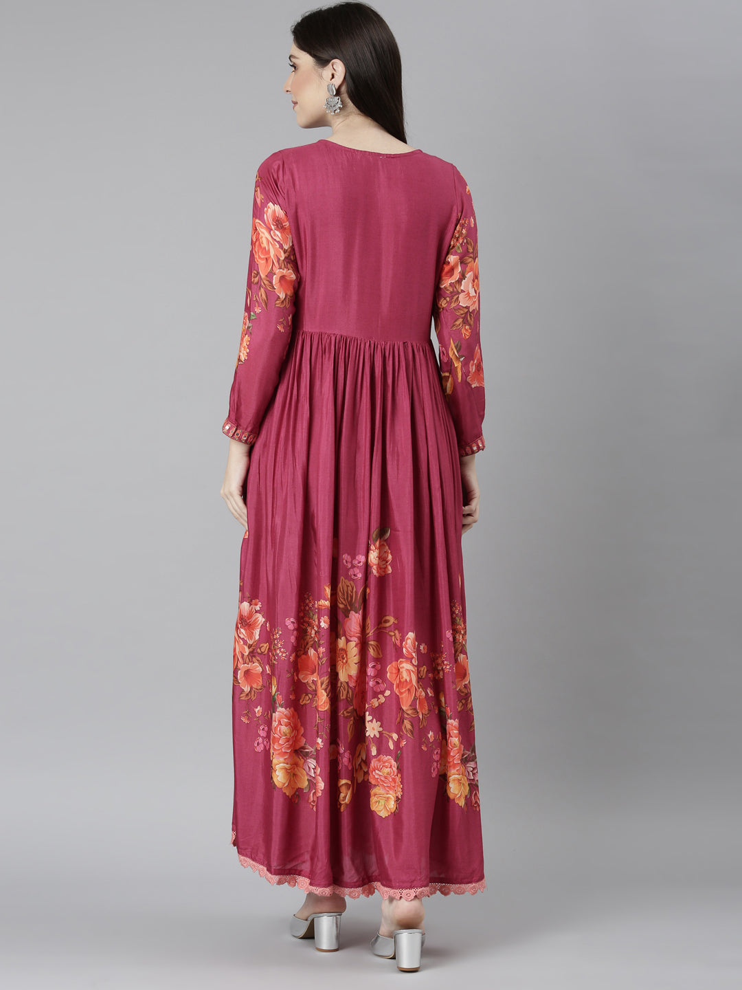 Neerus Magenta Flared Casual Floral Dresses