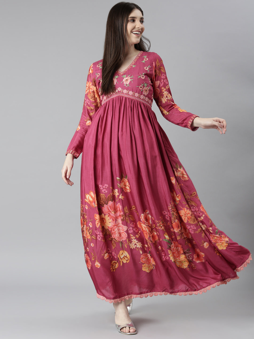 Neeru's Magenta Flared Casual Floral Dresses