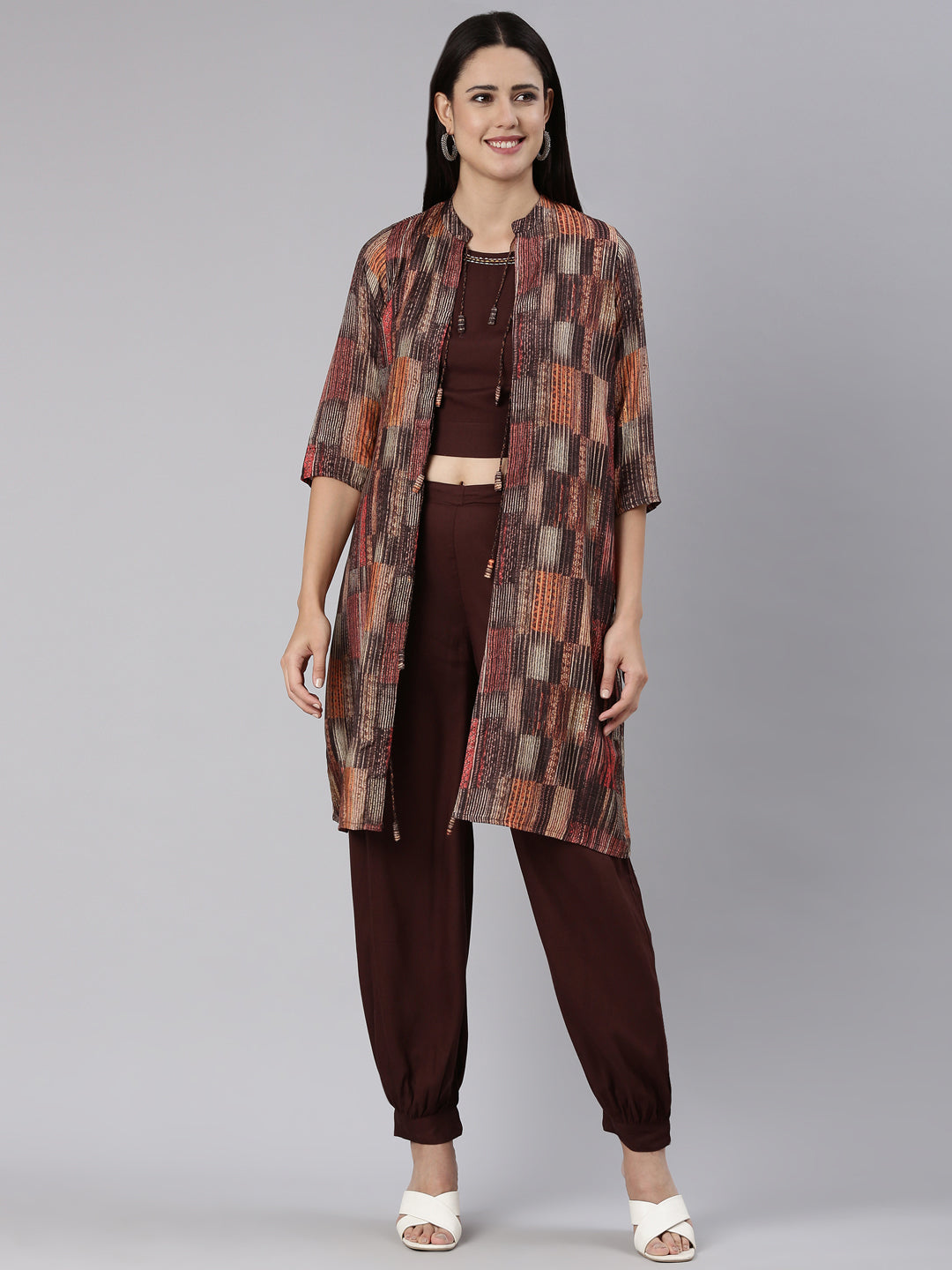 Neerus Brown Regular Straight Solid Co-Ords Set