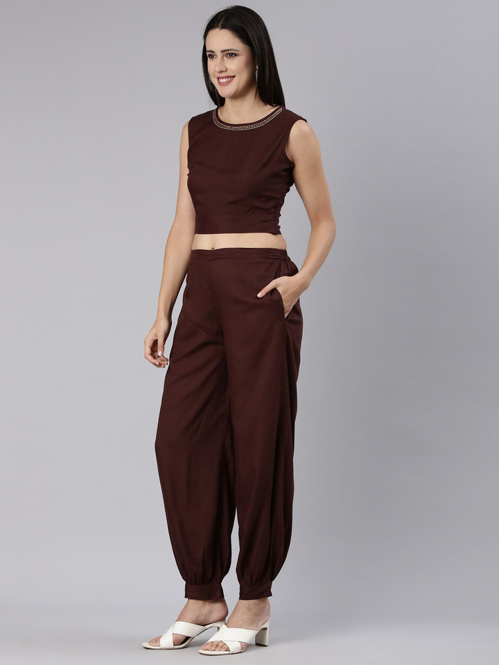 Neerus Brown Regular Straight Solid Co-Ords Set