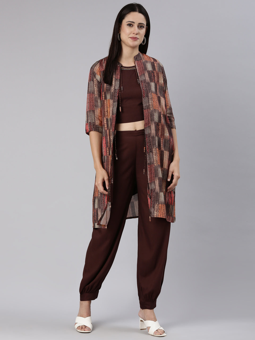 Neerus Brown Regular Straight Solid Co-Ords Set