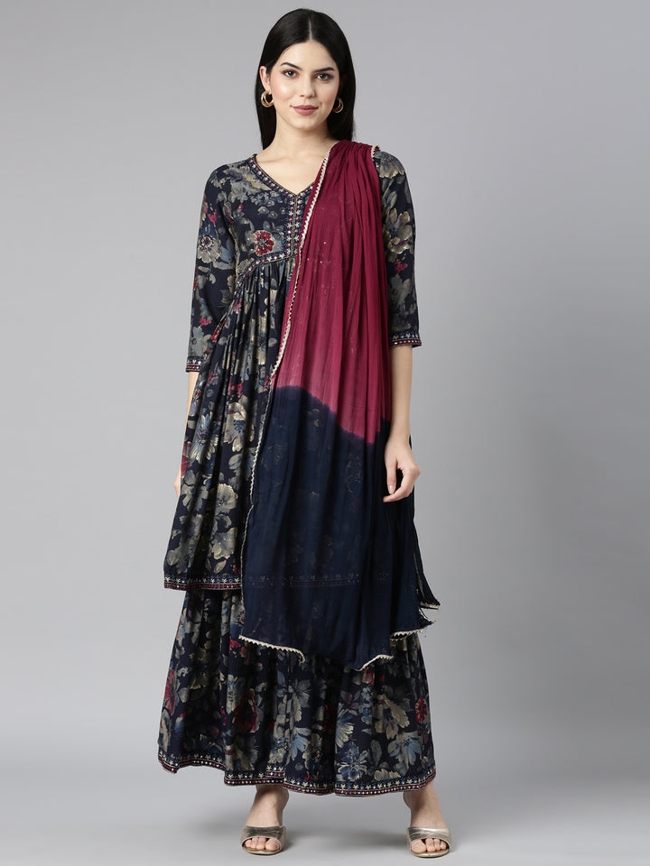 Neerus Blue Georgette Printed Kurta Set - front view