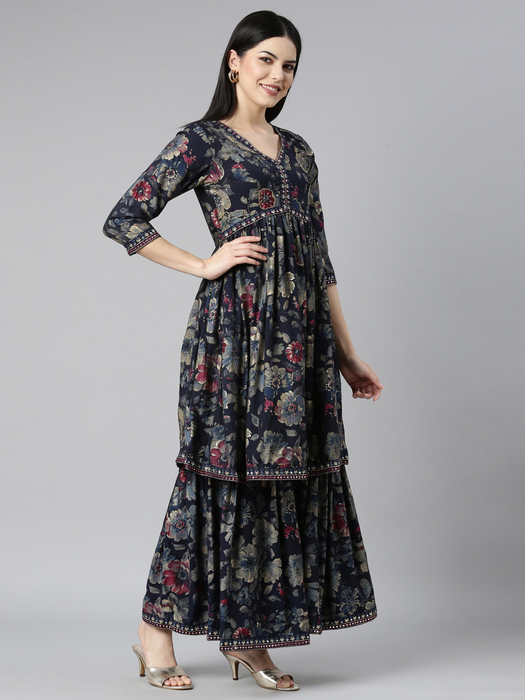 Neerus Blue Georgette Printed Kurta Set - back view