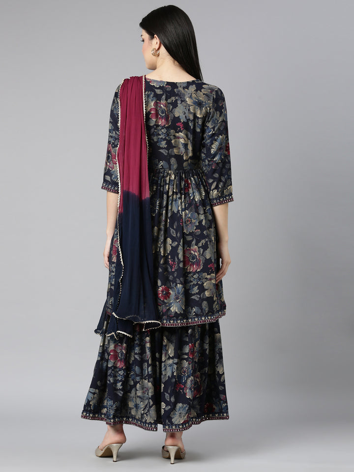 Neerus Blue Georgette Printed Kurta Set - side view