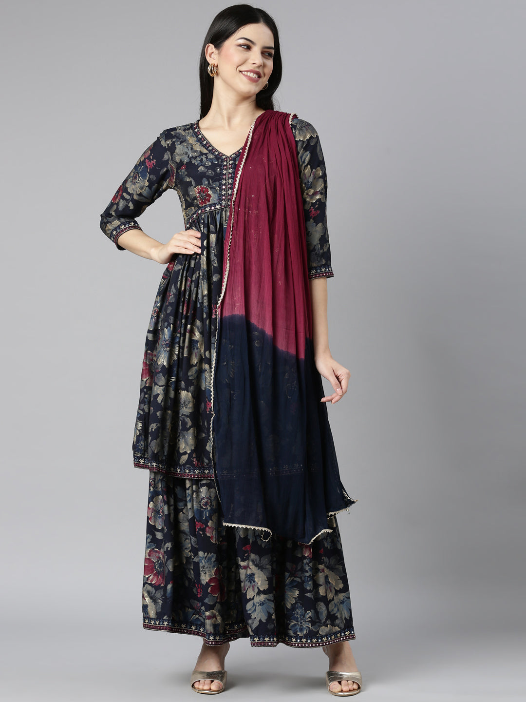 Neerus Blue Georgette Printed Kurta Set - detail view 2