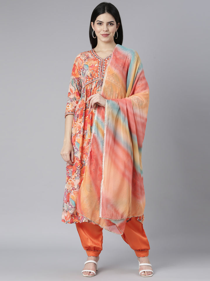 Neerus Orange printed floral kurta set - front view